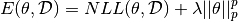 E(\theta, \mathcal{D}) = NLL(\theta, \mathcal{D}) + \lambda||\theta||_p^p