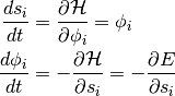 \frac{ds_i}{dt} &= \frac{\partial \mathcal{H}}{\partial \phi_i} = \phi_i \\
\frac{d\phi_i}{dt} &= - \frac{\partial \mathcal{H}}{\partial s_i}
= - \frac{\partial E}{\partial s_i}